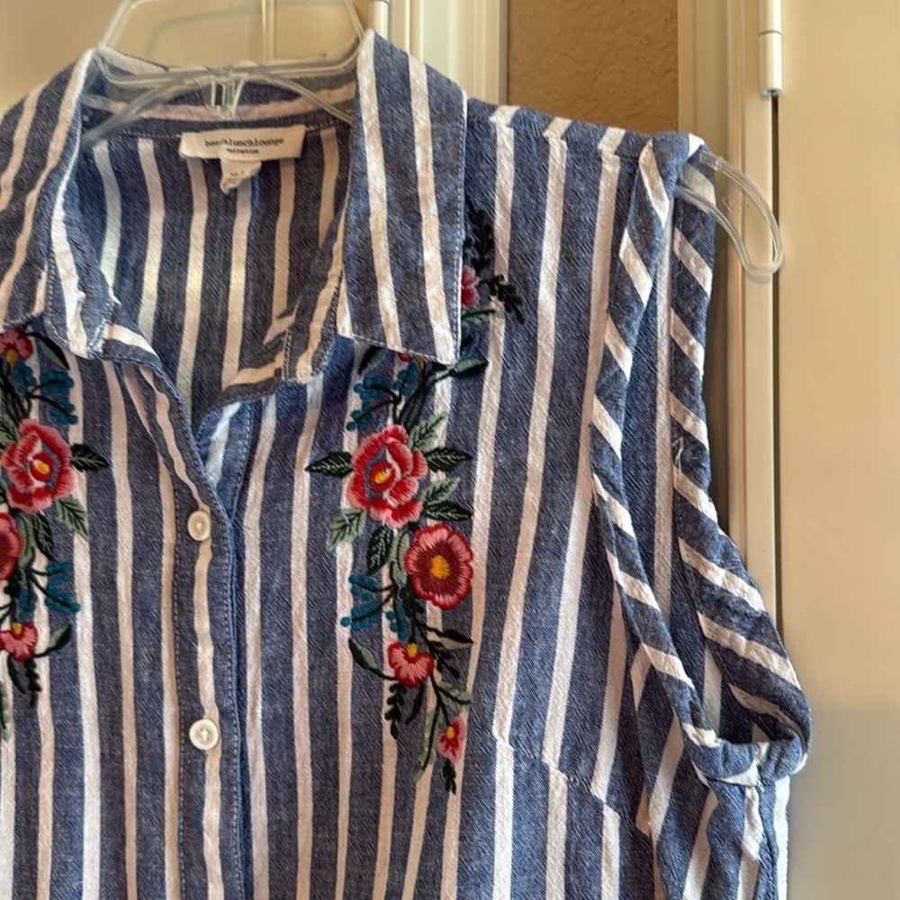Beach Lunch Lounge stripe floral sleeveless collar dress summer button up resort - Picture 3 of 8